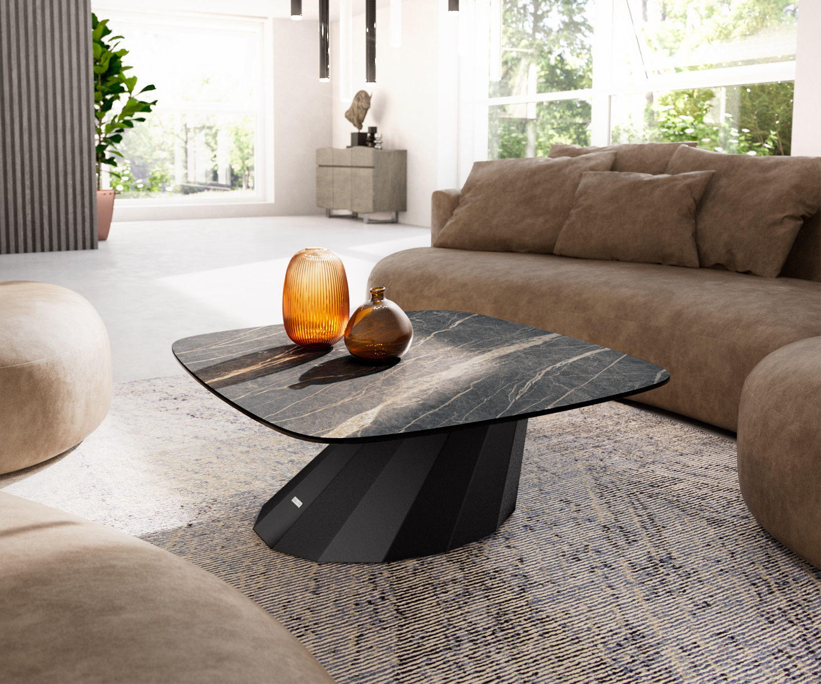 Konferenčný stolík Edge zaoblený 90x90 cm keramika Laminam® Noir Desir hnedá Parabi kov čierna