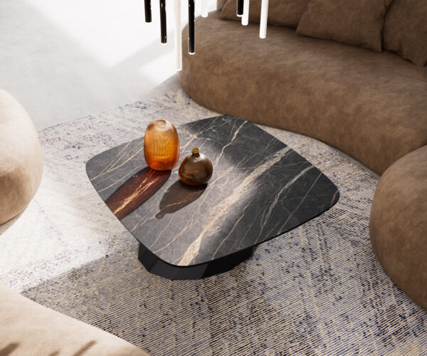 Konferenčný stolík Edge zaoblený 90x90 cm keramika Laminam® Noir Desir hnedá Parabi kov čierna - Image 4