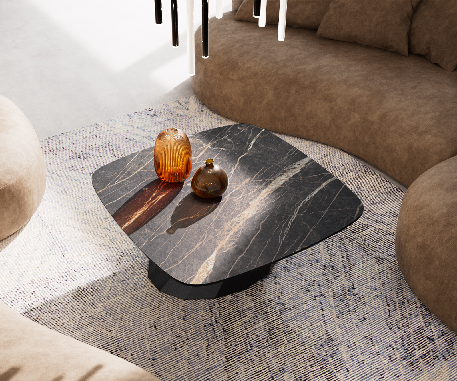 Konferenčný stolík Edge zaoblený 90x90 cm keramika Laminam® Noir Desir hnedá Parabi kov čierna - Image 4
