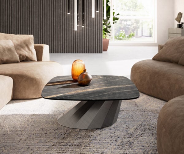 Konferenčný stolík Edge zaoblený tvar 90x90 cm keramika Laminam® Noir Desir hnedá Parabi metalická strieborná - Image 2