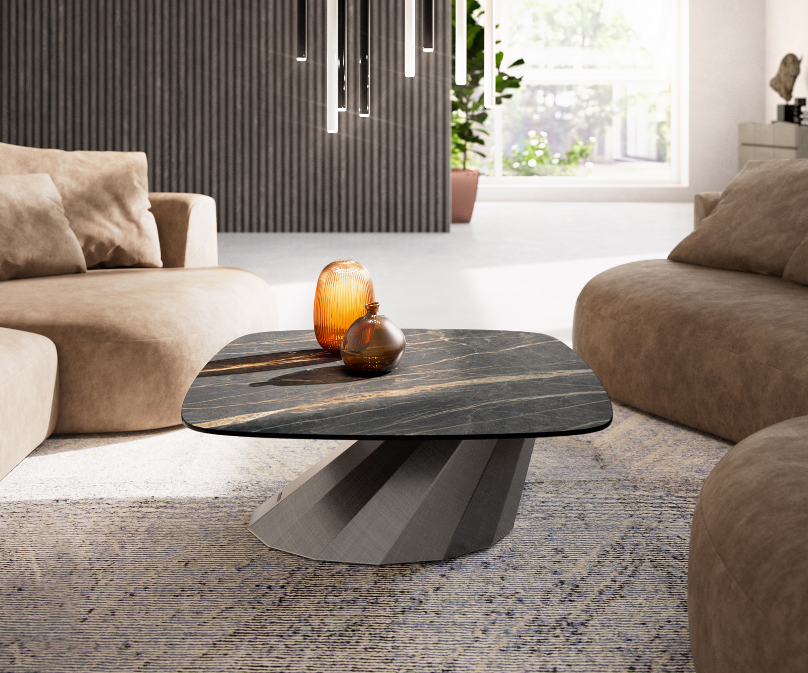 Konferenčný stolík Edge zaoblený tvar 90x90 cm keramika Laminam® Noir Desir hnedá Parabi metalická strieborná - Image 2