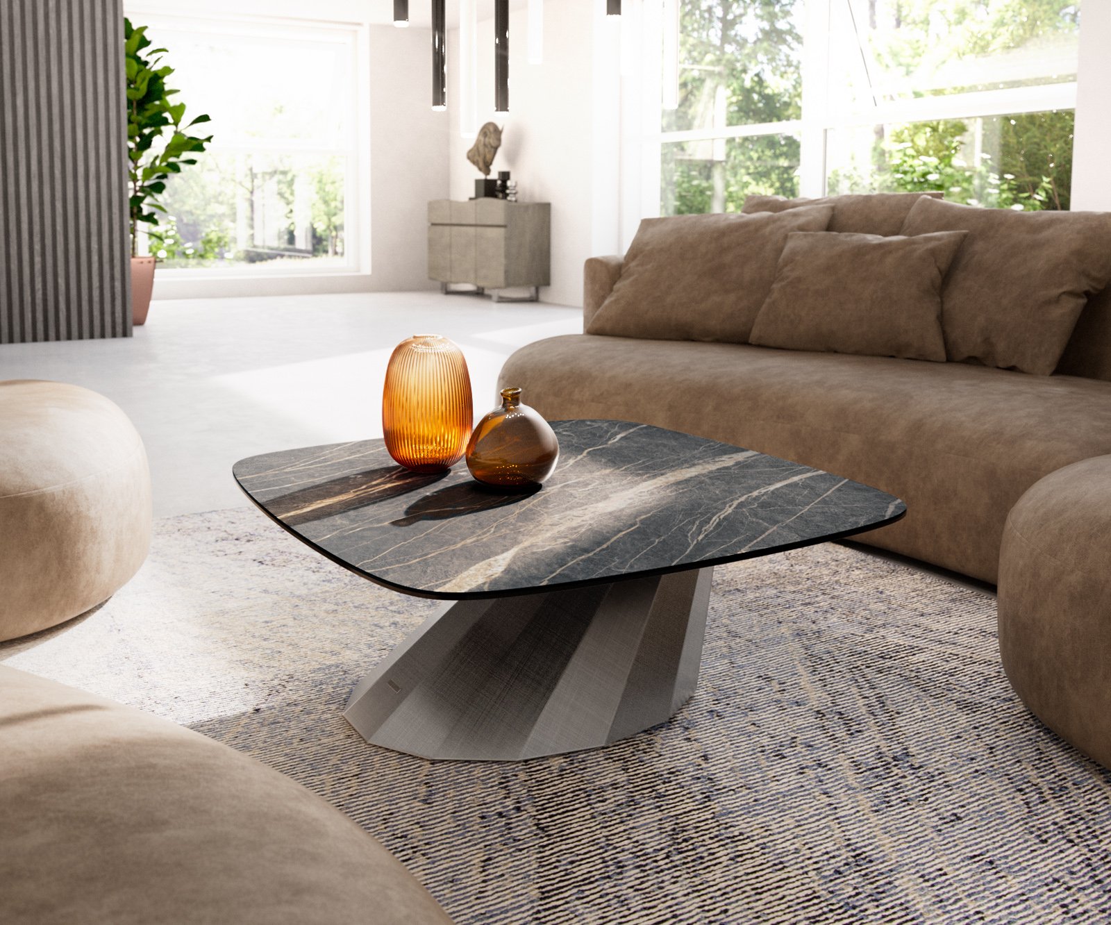 Konferenčný stolík Edge zaoblený tvar 90x90 cm keramika Laminam® Noir Desir hnedá Parabi metalická strieborná