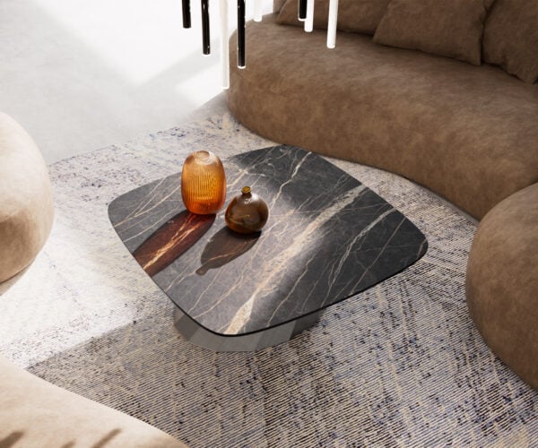 Konferenčný stolík Edge zaoblený tvar 90x90 cm keramika Laminam® Noir Desir hnedá Parabi metalická strieborná - Image 4