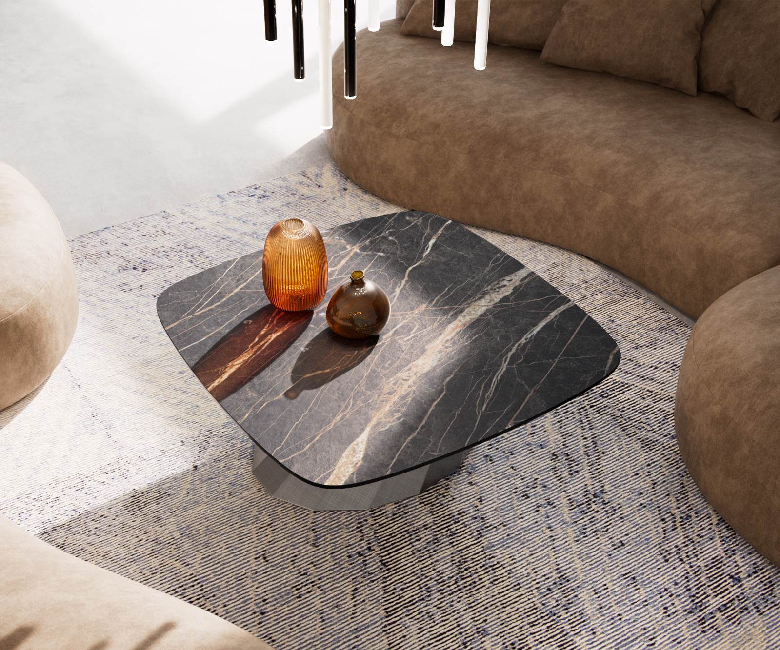 Konferenčný stolík Edge zaoblený tvar 90x90 cm keramika Laminam® Noir Desir hnedá Parabi metalická strieborná - Image 4
