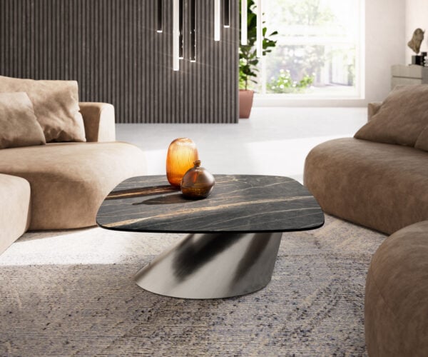 Konferenčný stolík Edge zaoblený 90x90 cm keramika Laminam® Noir Desir hnedá konis nerezová oceľ kefovaná - Image 2