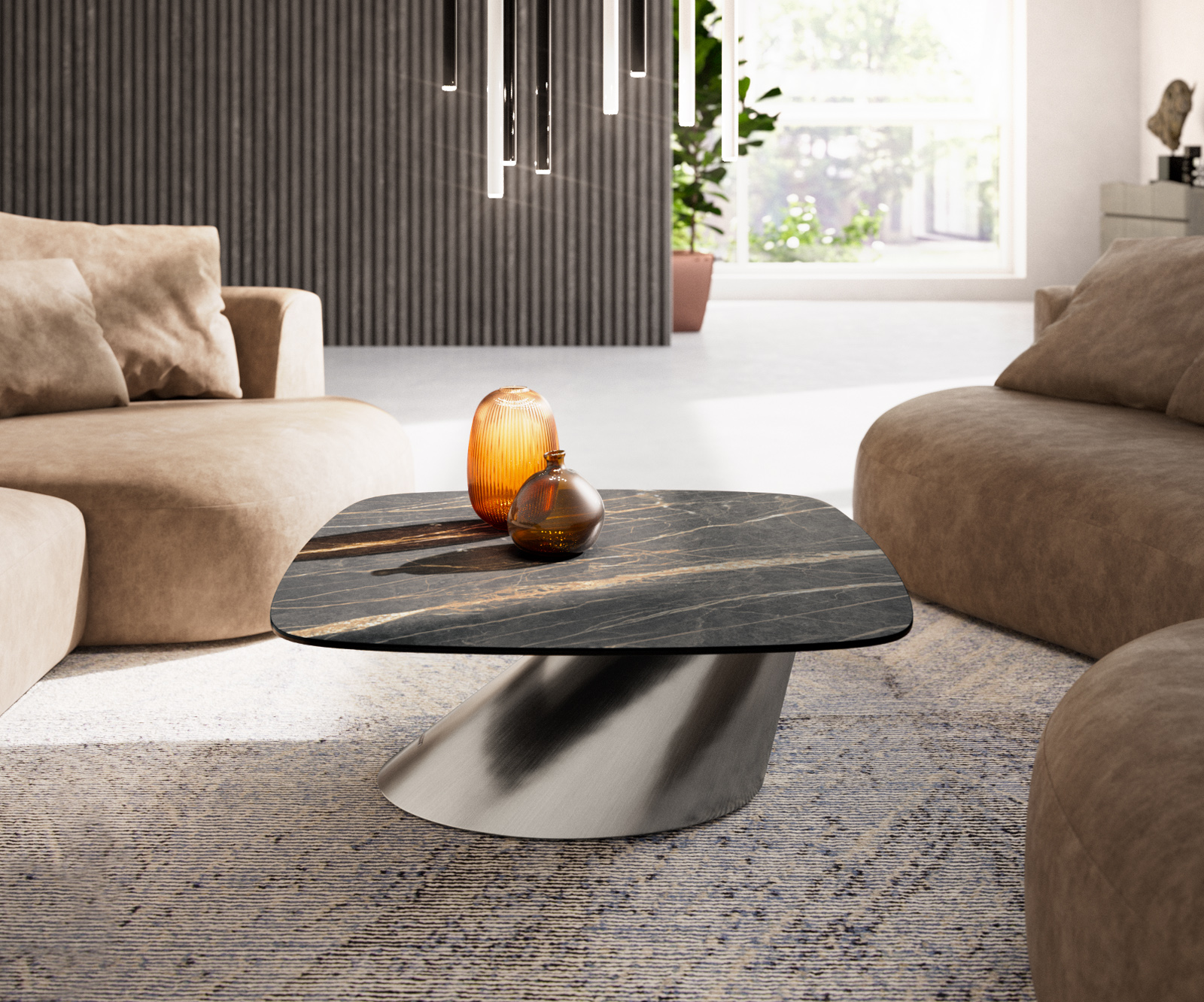 Konferenčný stolík Edge zaoblený 90x90 cm keramika Laminam® Noir Desir hnedá konis nerezová oceľ kefovaná - Image 2