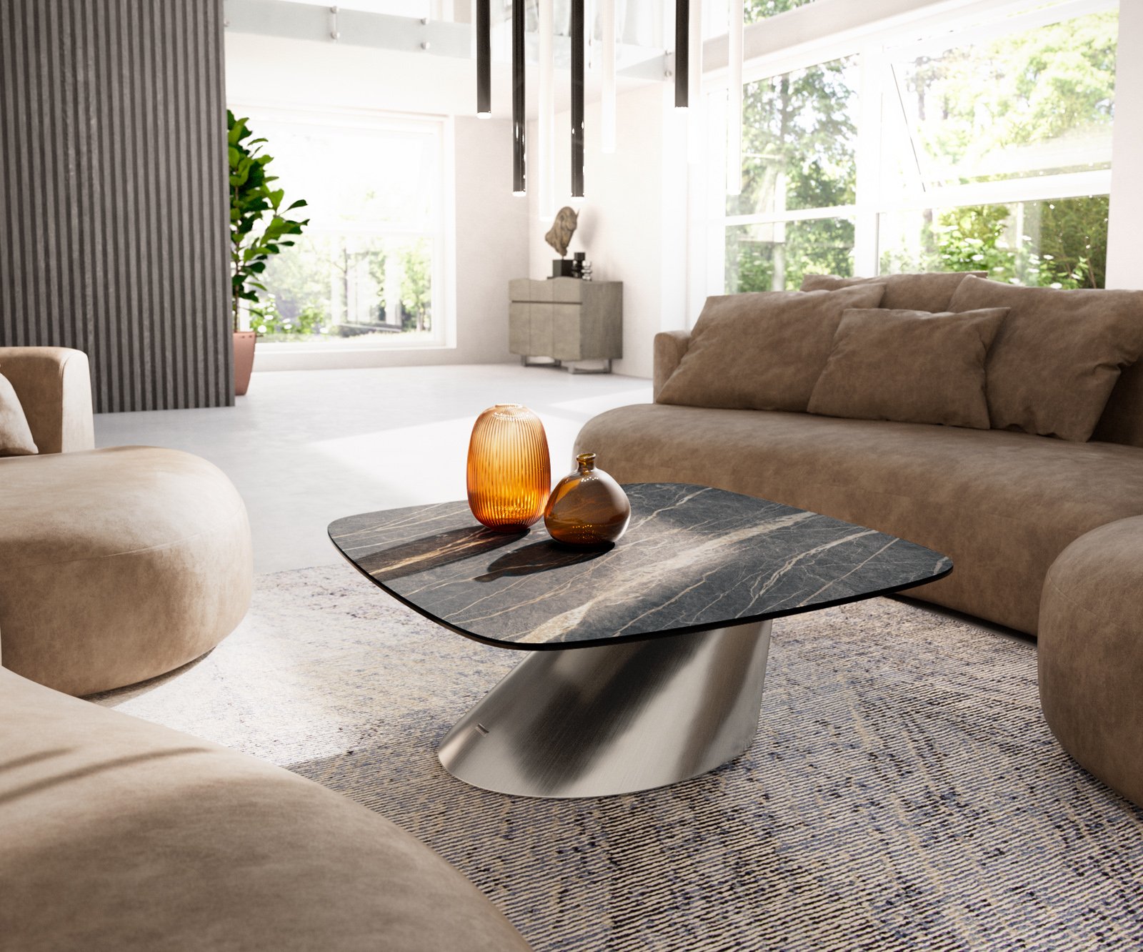 Konferenčný stolík Edge zaoblený 90x90 cm keramika Laminam® Noir Desir hnedá konis nerezová oceľ kefovaná