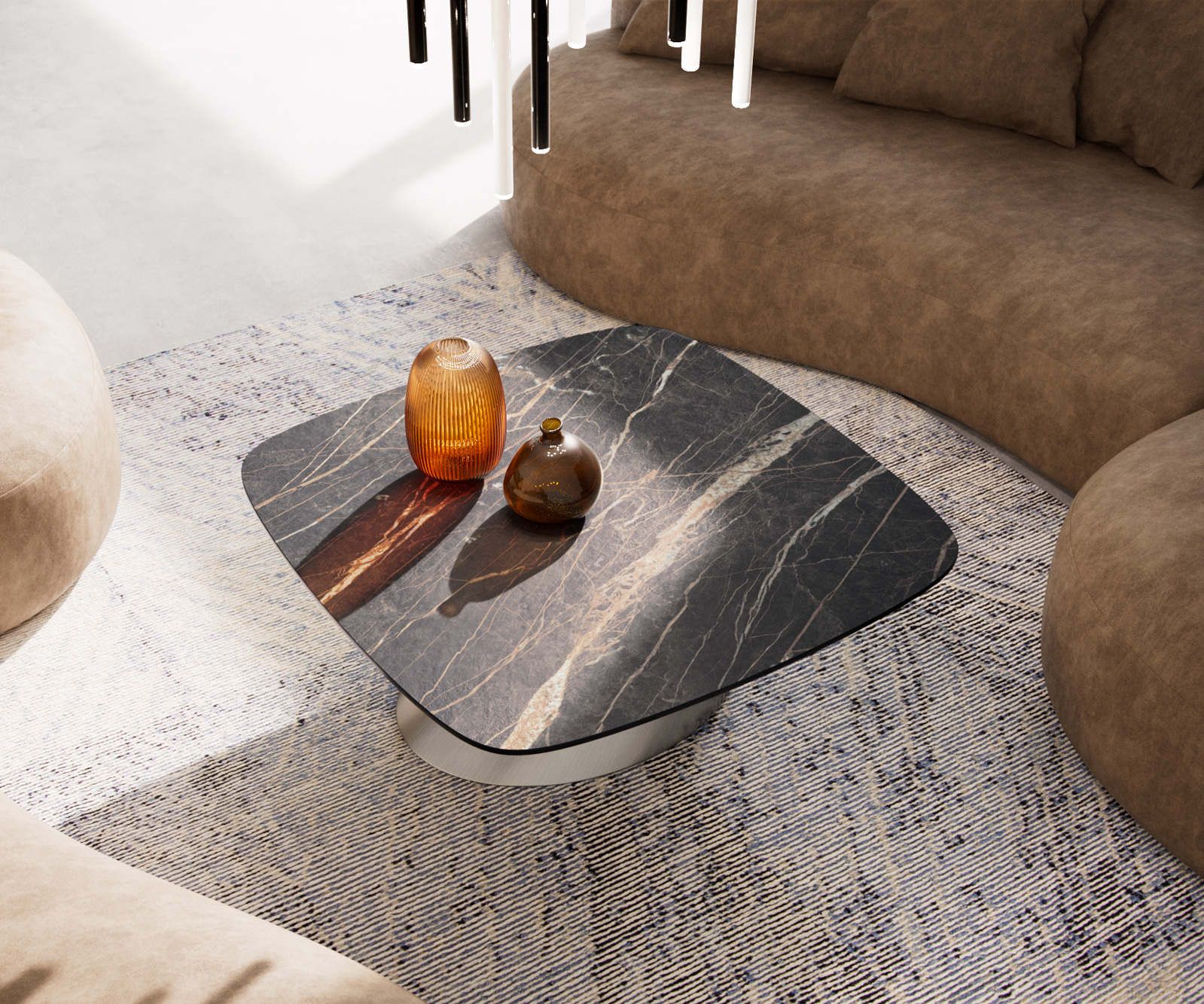 Konferenčný stolík Edge zaoblený 90x90 cm keramika Laminam® Noir Desir hnedá konis nerezová oceľ kefovaná - Image 4