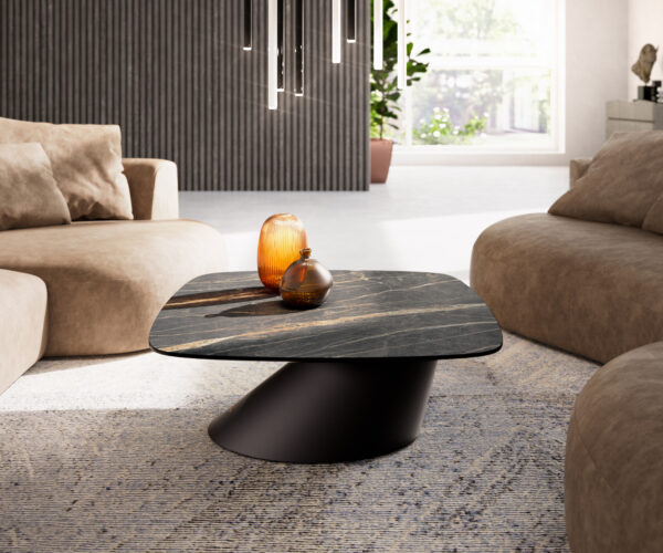 Konferenčný stolík Edge zaoblený 90x90 cm keramika Laminam® Noir Desir hnedá Conis kov čierna - Image 2