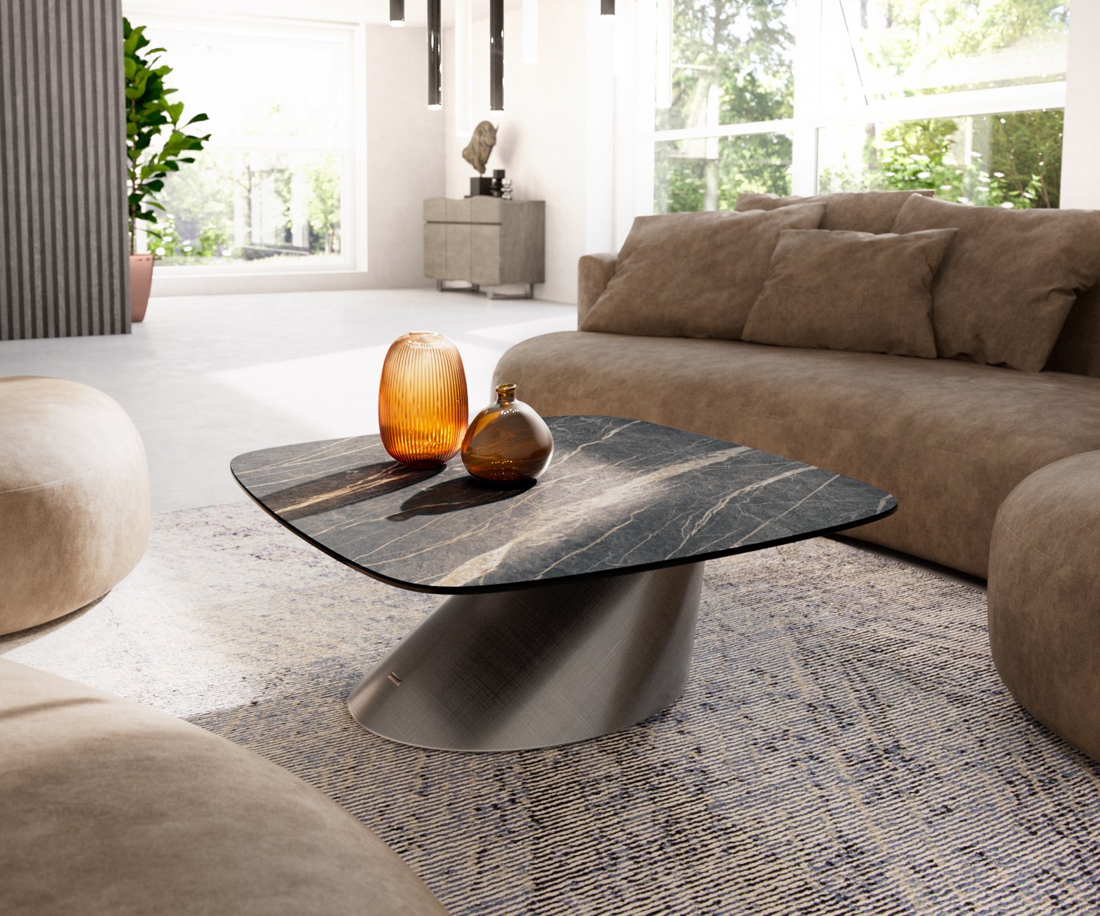 Konferenčný stolík Edge zaoblený 90x90 cm keramika Laminam® Noir Desir hnedá Conis metalická strieborná