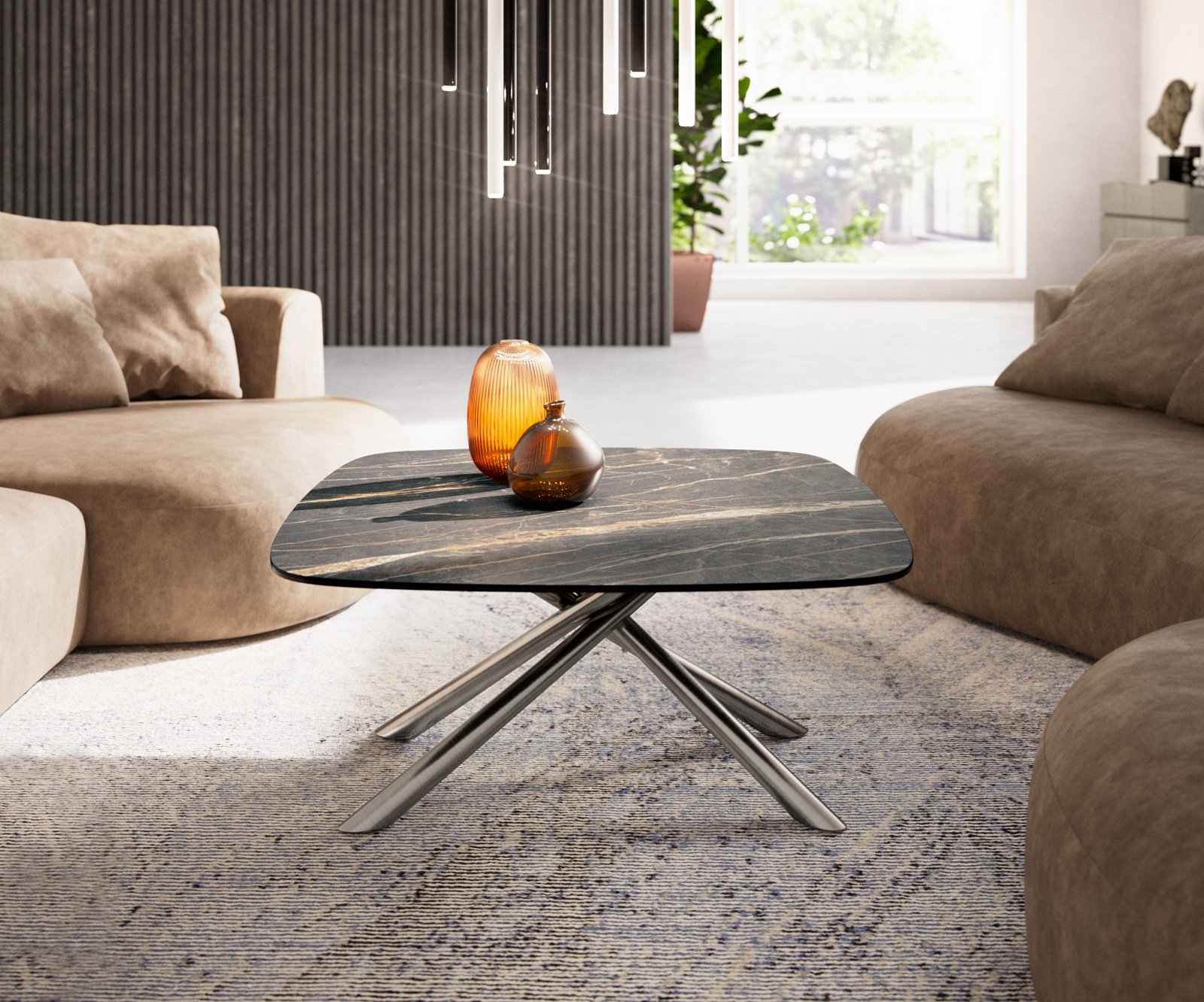 Konferenčný stolík Edge zaoblený tvar 90x90 cm keramika Laminam® Noir Desir hnedá Sarity nerezová oceľ kefovaná - Image 2