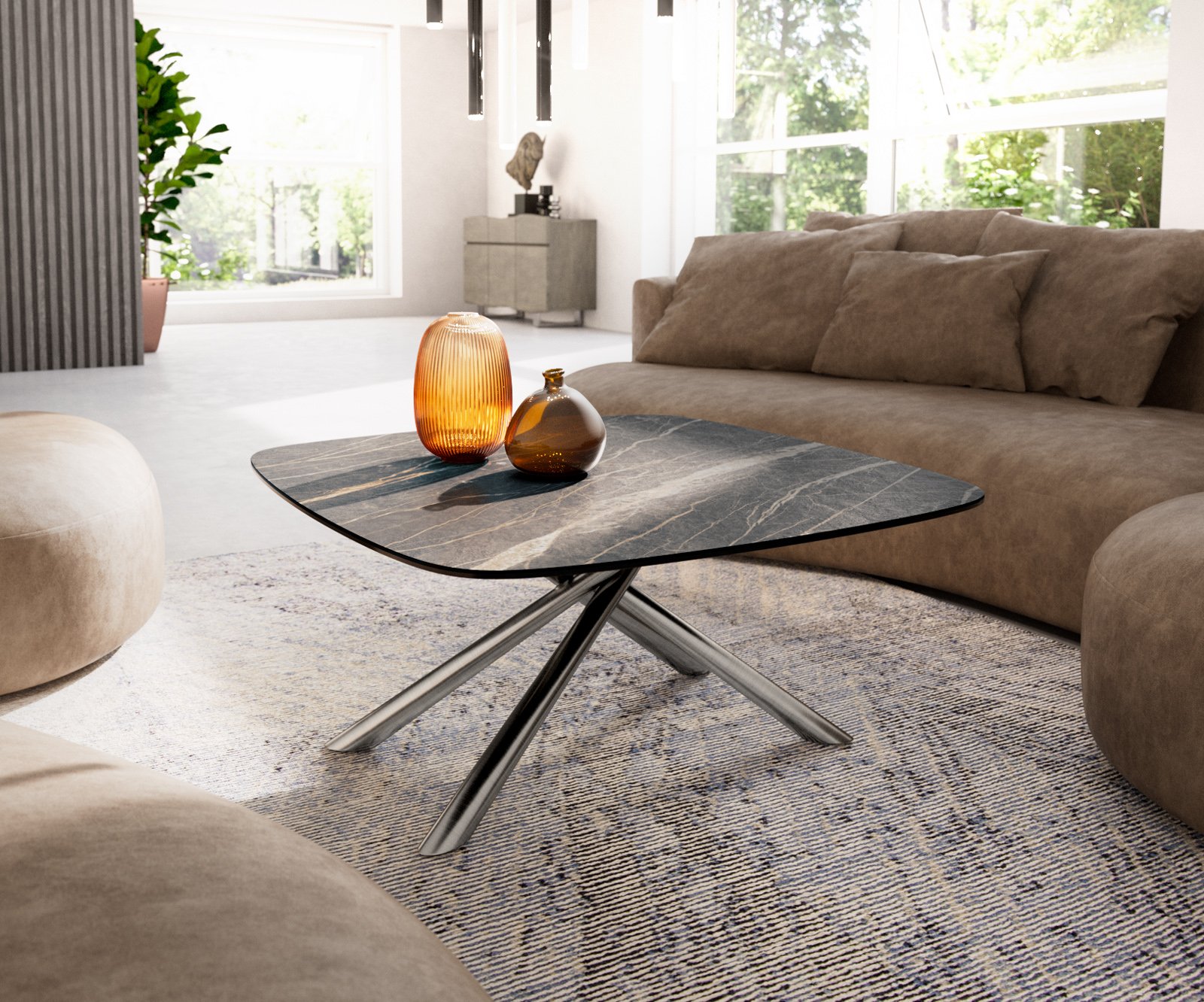 Konferenčný stolík Edge zaoblený tvar 90x90 cm keramika Laminam® Noir Desir hnedá Sarity nerezová oceľ kefovaná