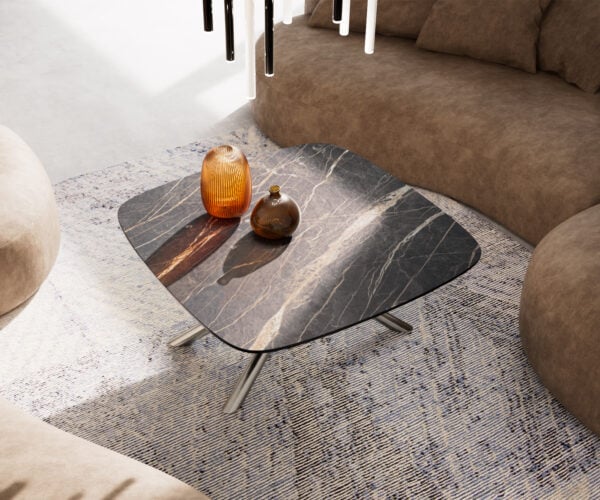 Konferenčný stolík Edge zaoblený tvar 90x90 cm keramika Laminam® Noir Desir hnedá Sarity nerezová oceľ kefovaná - Image 4