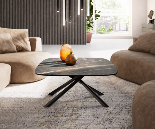 Konferenčný stolík Edge zaoblený tvar 90x90 cm keramika Laminam® Noir Desir hnedá Sarity kov čierna - Image 2