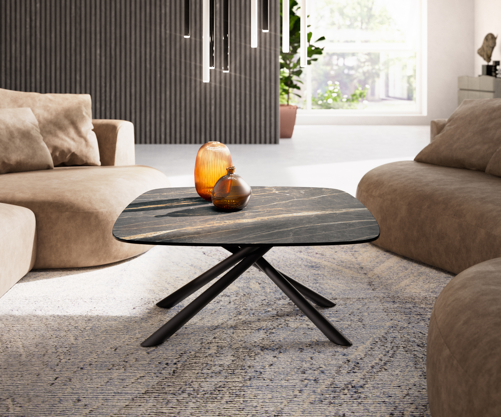 Konferenčný stolík Edge zaoblený tvar 90x90 cm keramika Laminam® Noir Desir hnedá Sarity kov čierna - Image 2