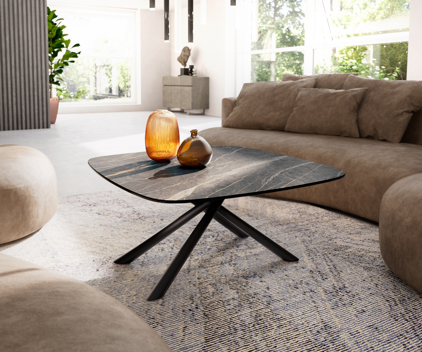 Konferenčný stolík Edge zaoblený tvar 90x90 cm keramika Laminam® Noir Desir hnedá Sarity kov čierna