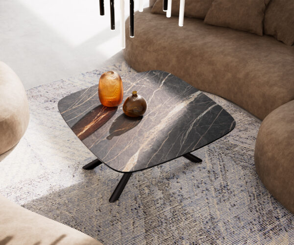 Konferenčný stolík Edge zaoblený tvar 90x90 cm keramika Laminam® Noir Desir hnedá Sarity kov čierna - Image 4
