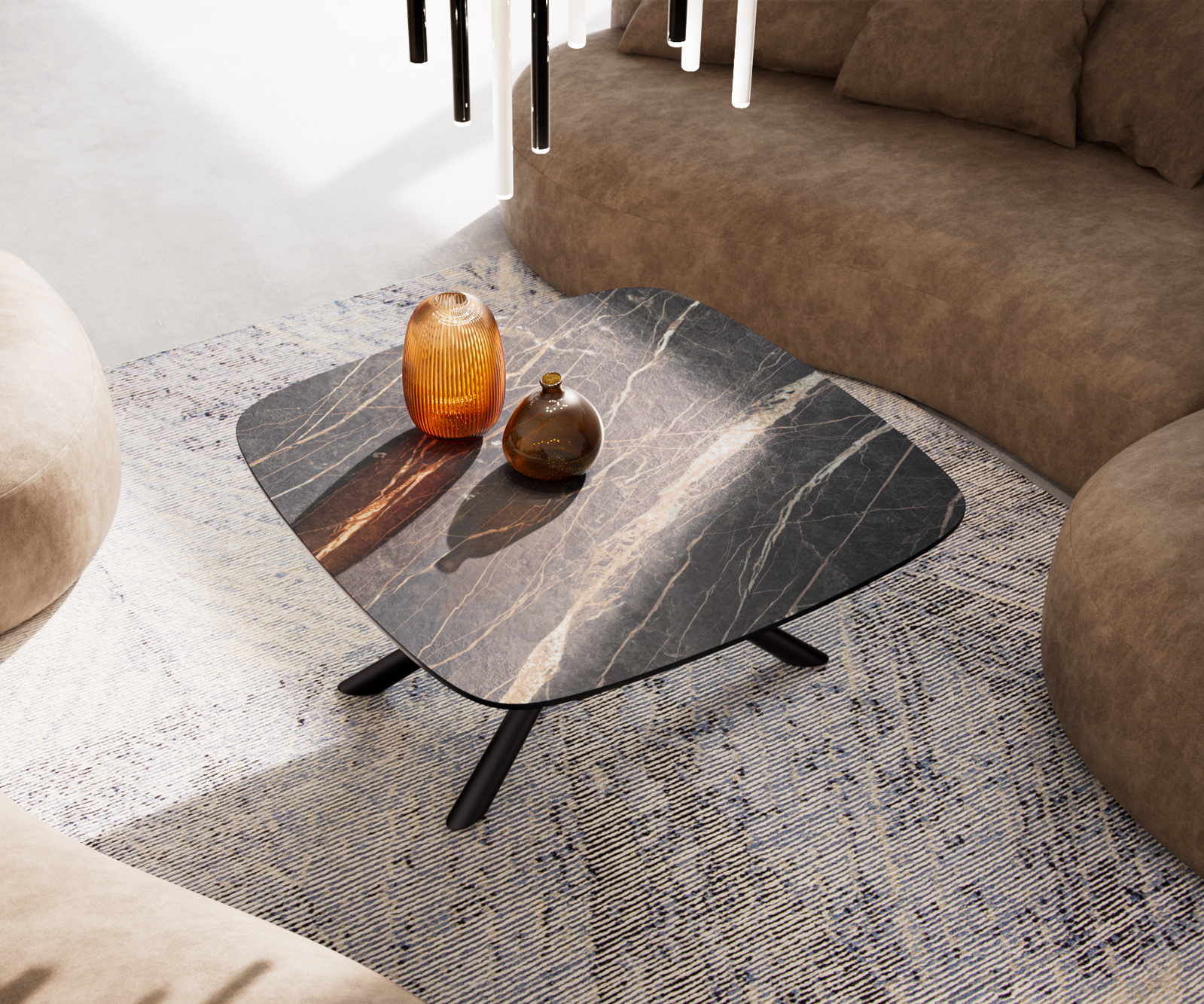 Konferenčný stolík Edge zaoblený tvar 90x90 cm keramika Laminam® Noir Desir hnedá Sarity kov čierna - Image 4