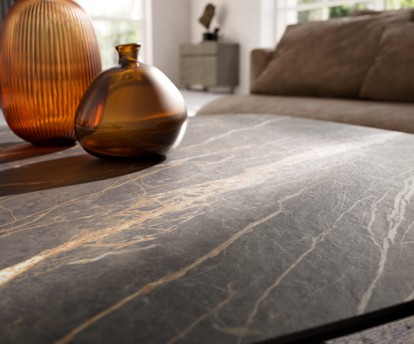 Konferenčný stolík Edge zaoblený tvar 90x90 cm keramika Laminam® Noir Desir hnedá Trive kov čierna - Image 7
