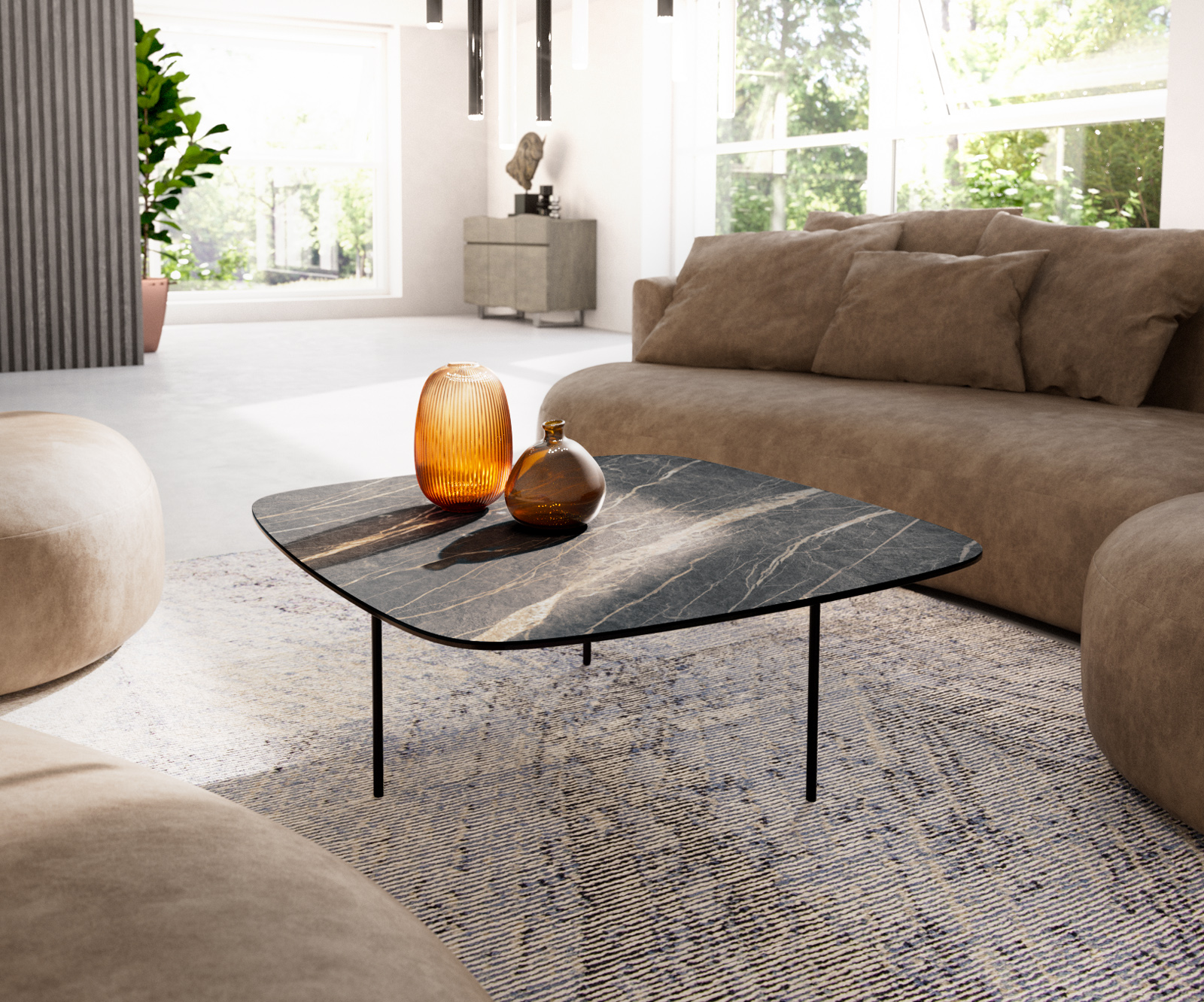 Konferenčný stolík Edge zaoblený tvar 90x90 cm keramika Laminam® Noir Desir hnedá Trive kov čierna