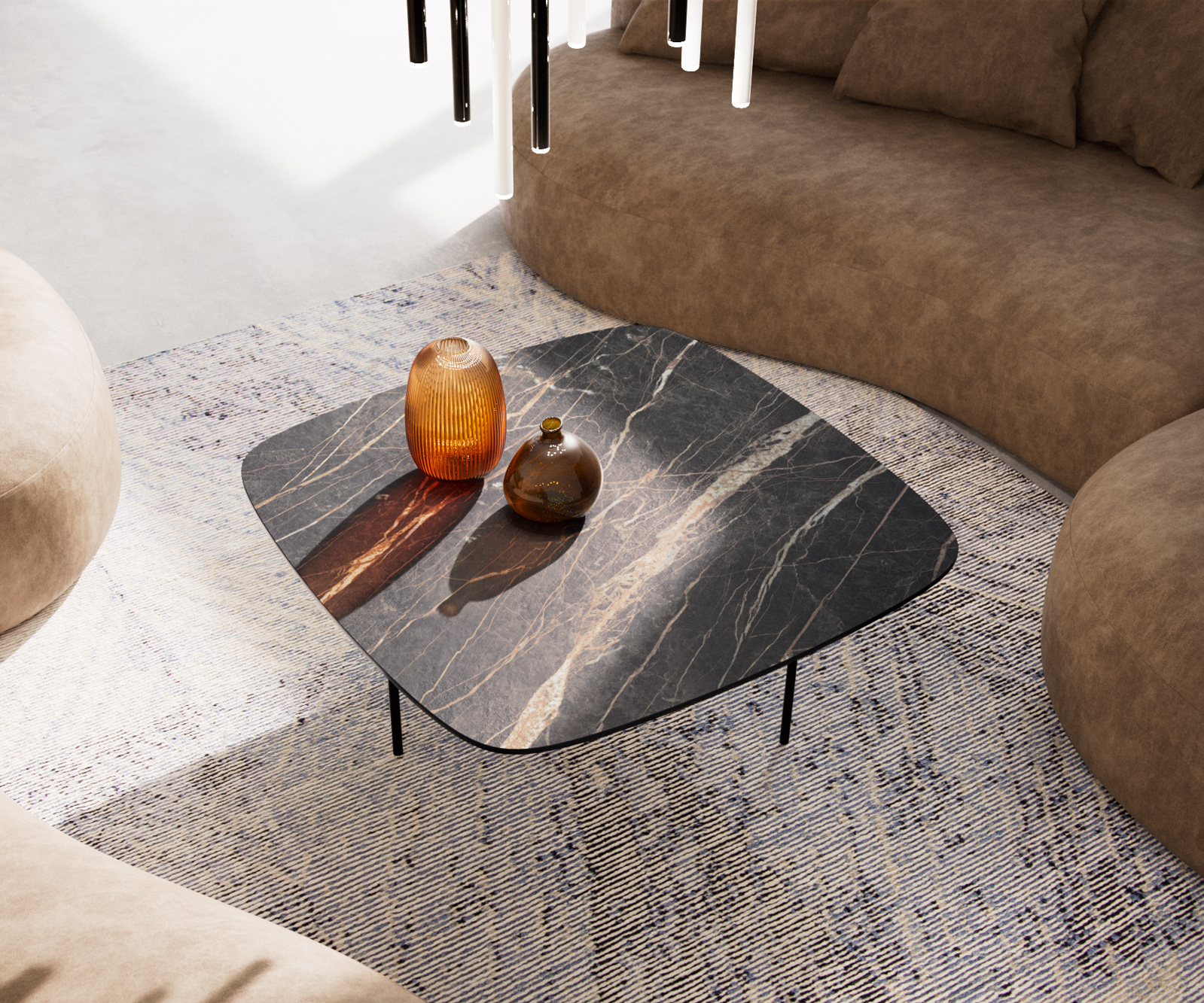 Konferenčný stolík Edge zaoblený tvar 90x90 cm keramika Laminam® Noir Desir hnedá Trive kov čierna - Image 4