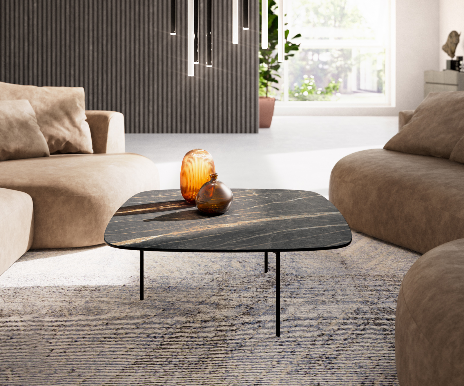 Konferenčný stolík Edge zaoblený tvar 90x90 cm keramika Laminam® Noir Desir hnedá Trive kov čierna - Image 2