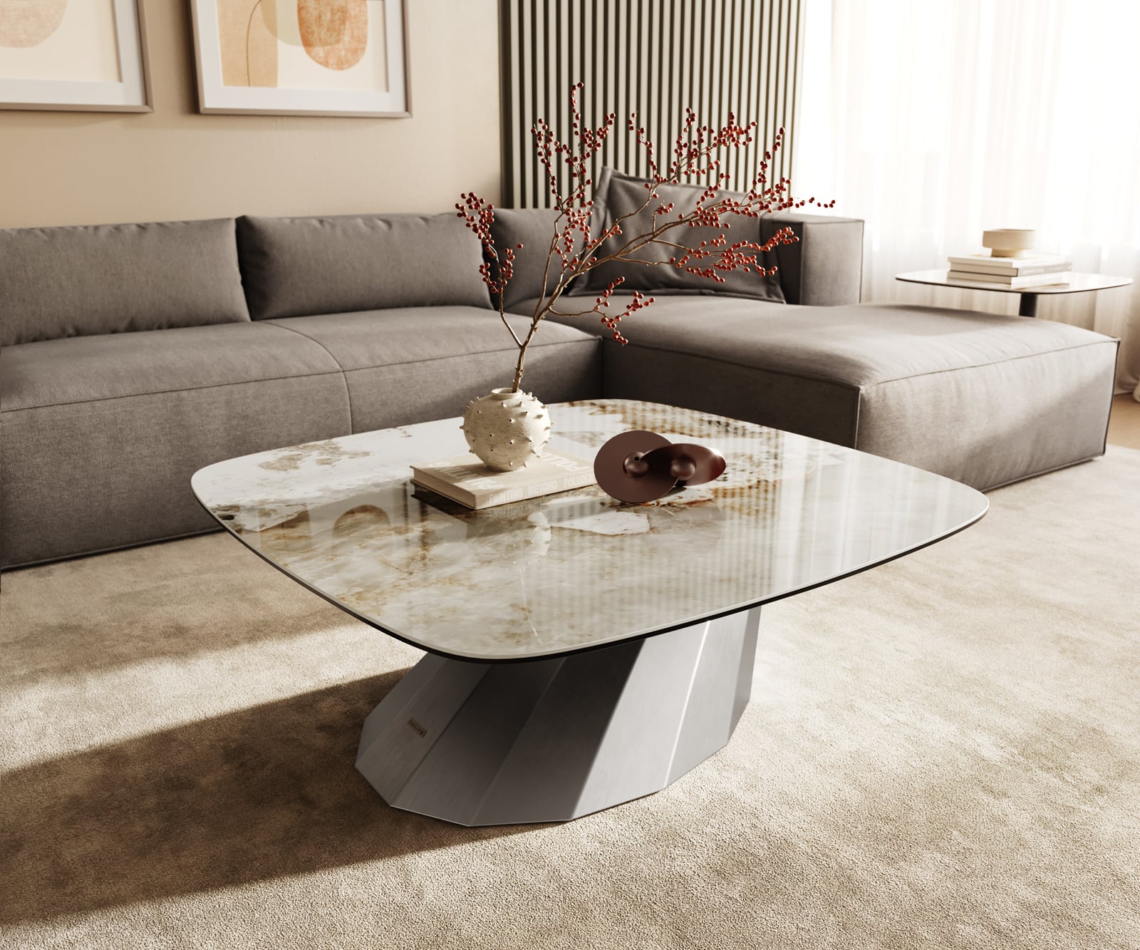 Konferenčný stolík Edge zaoblený tvar 90x90 cm keramika Minas Melange Parabi nerezová oceľ kefovaná