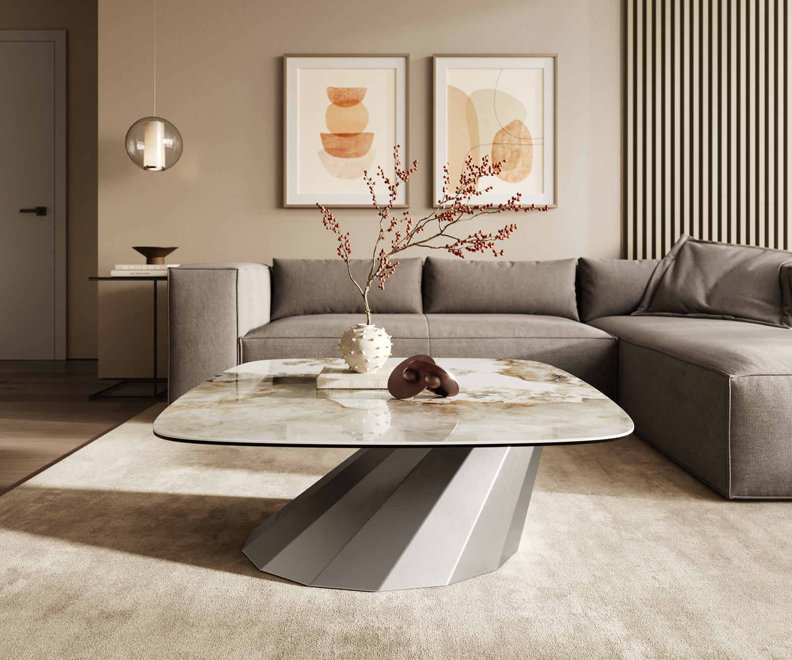 Konferenčný stolík Edge zaoblený tvar 90x90 cm keramika Minas Melange Parabi nerezová oceľ kefovaná - Image 2