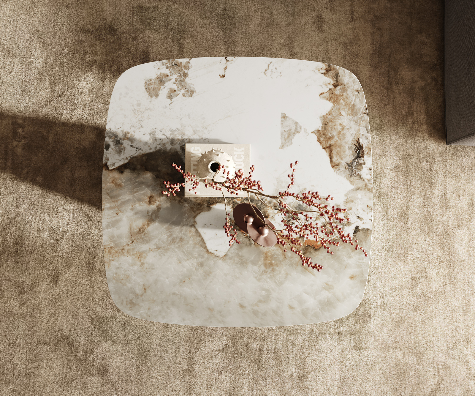 Konferenčný stolík Edge zaoblený tvar 90x90 cm keramika Minas Melange Parabi nerezová oceľ kefovaná - Image 4