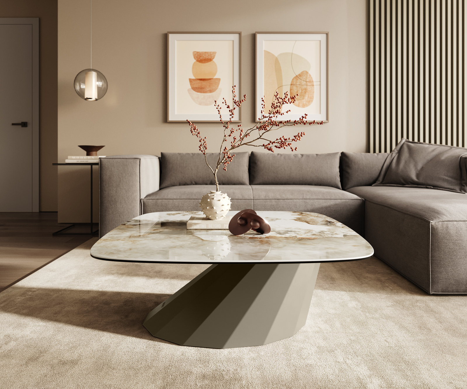 Konferenčný stolík Edge zaoblený tvar 90x90 cm keramika Minas Melange Parabi kov titánová farba - Image 2