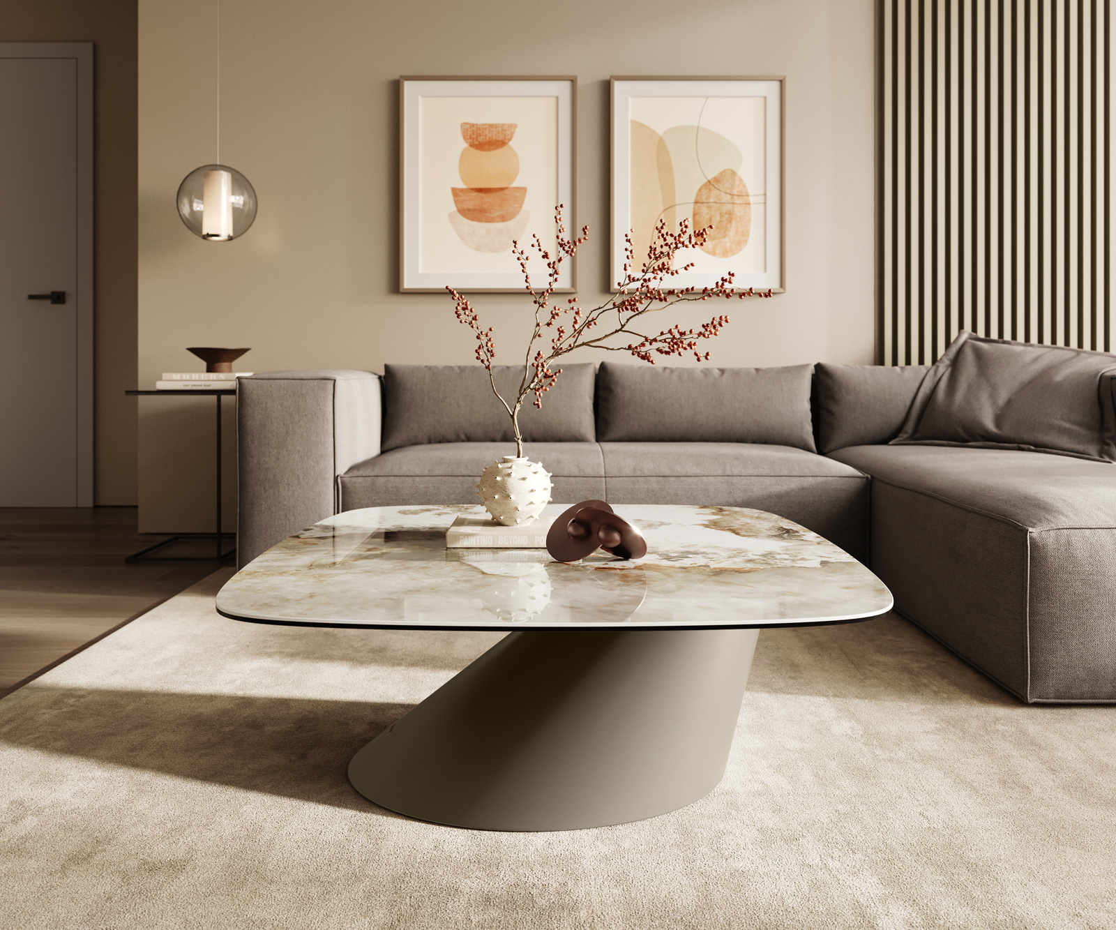 Konferenčný stolík Edge zaoblený 90x90 cm keramika Minas Melange Conis kov titánová farba - Image 2