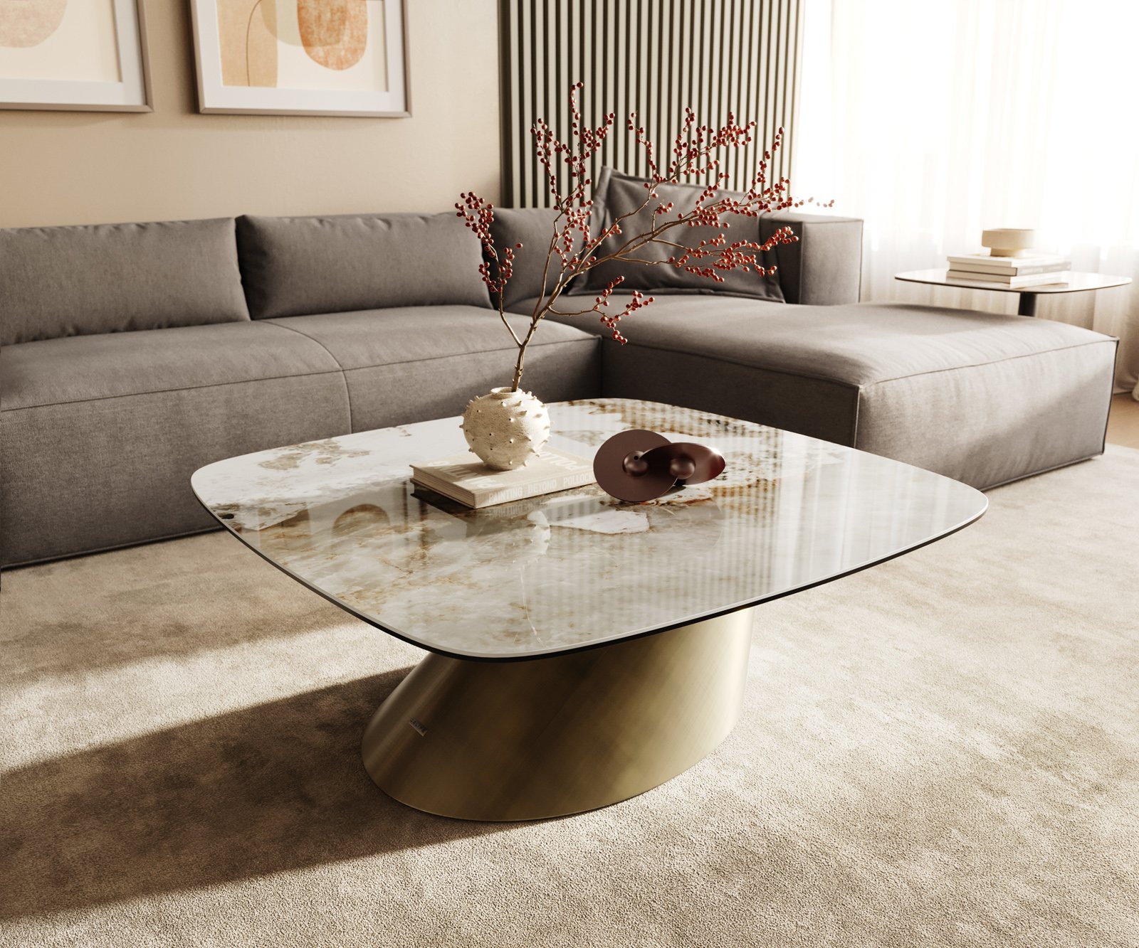 Konferenčný stolík Edge zaoblený tvar 90x90 cm keramika Minas Melange Conis metalická zlatá