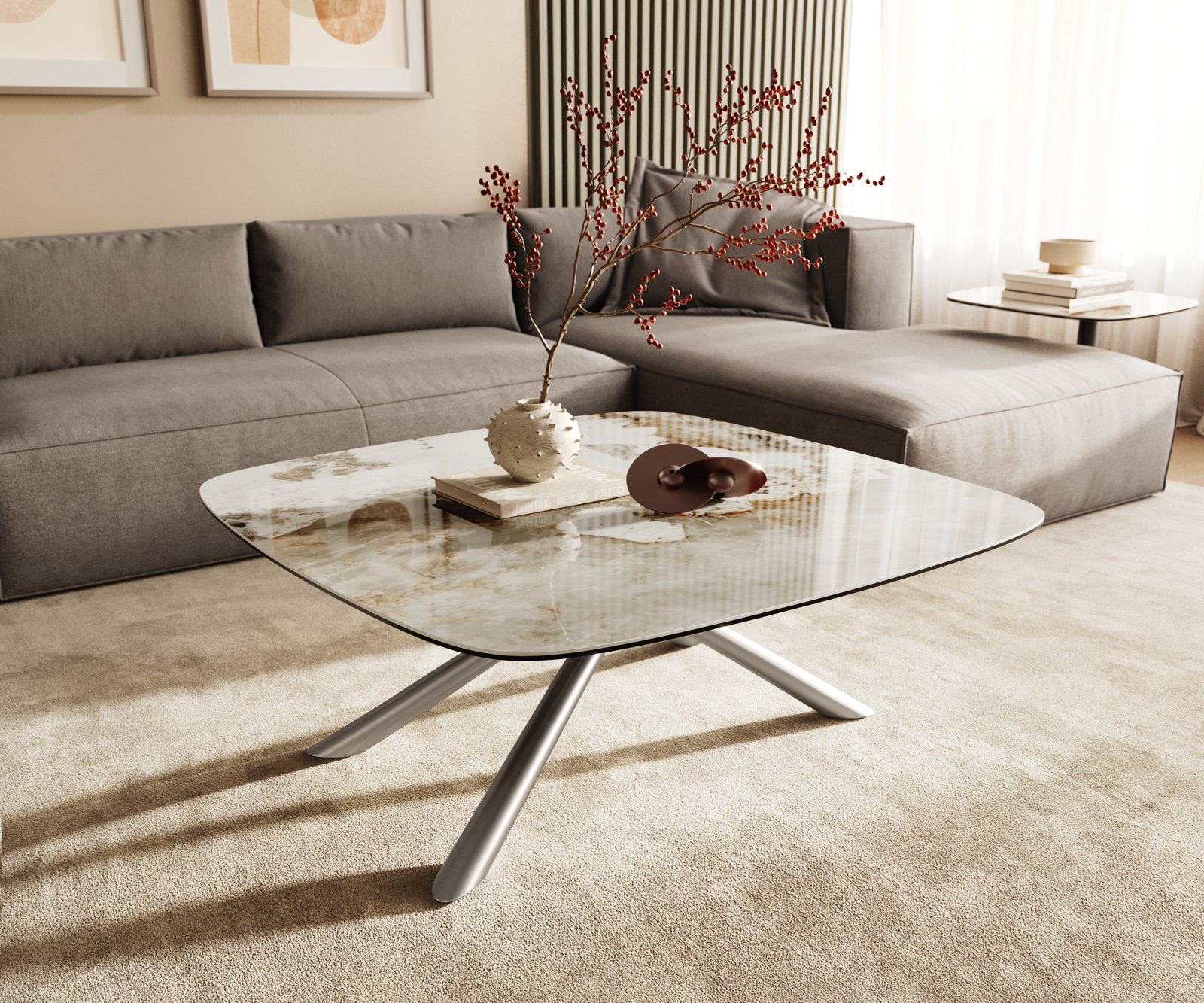 Konferenčný stolík Edge zaoblený 90x90 cm keramika Minas Melange Sarity nerezová oceľ kefovaná