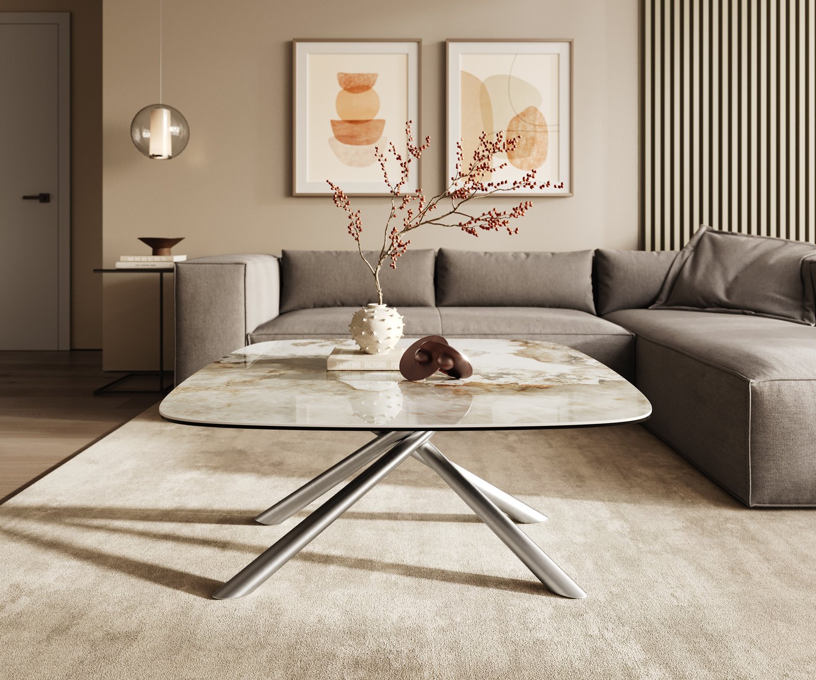 Konferenčný stolík Edge zaoblený 90x90 cm keramika Minas Melange Sarity nerezová oceľ kefovaná - Image 2