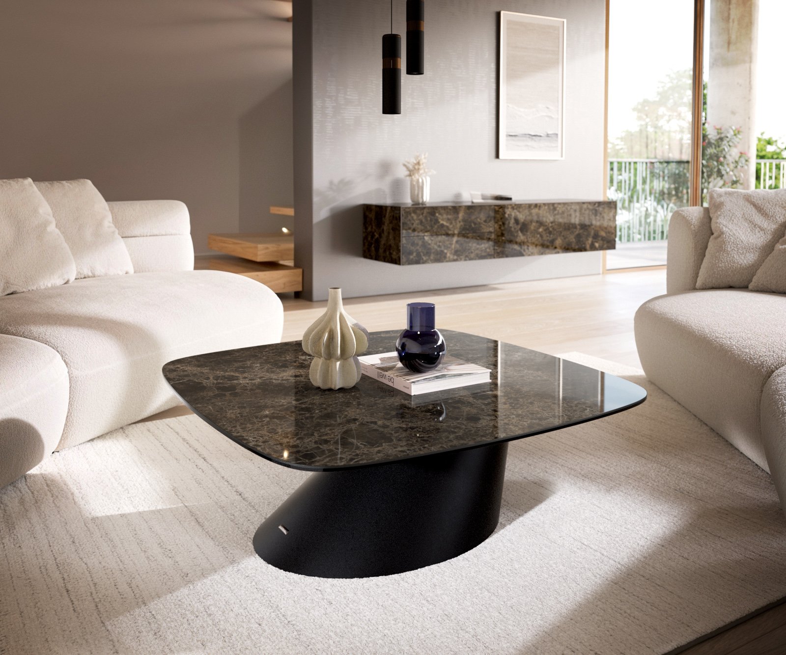 Konferenčný stolík Edge zaoblený tvar 90x90 cm keramika Laminam® Emperador Extra Lucidato tmavohnedá konická kov čierna