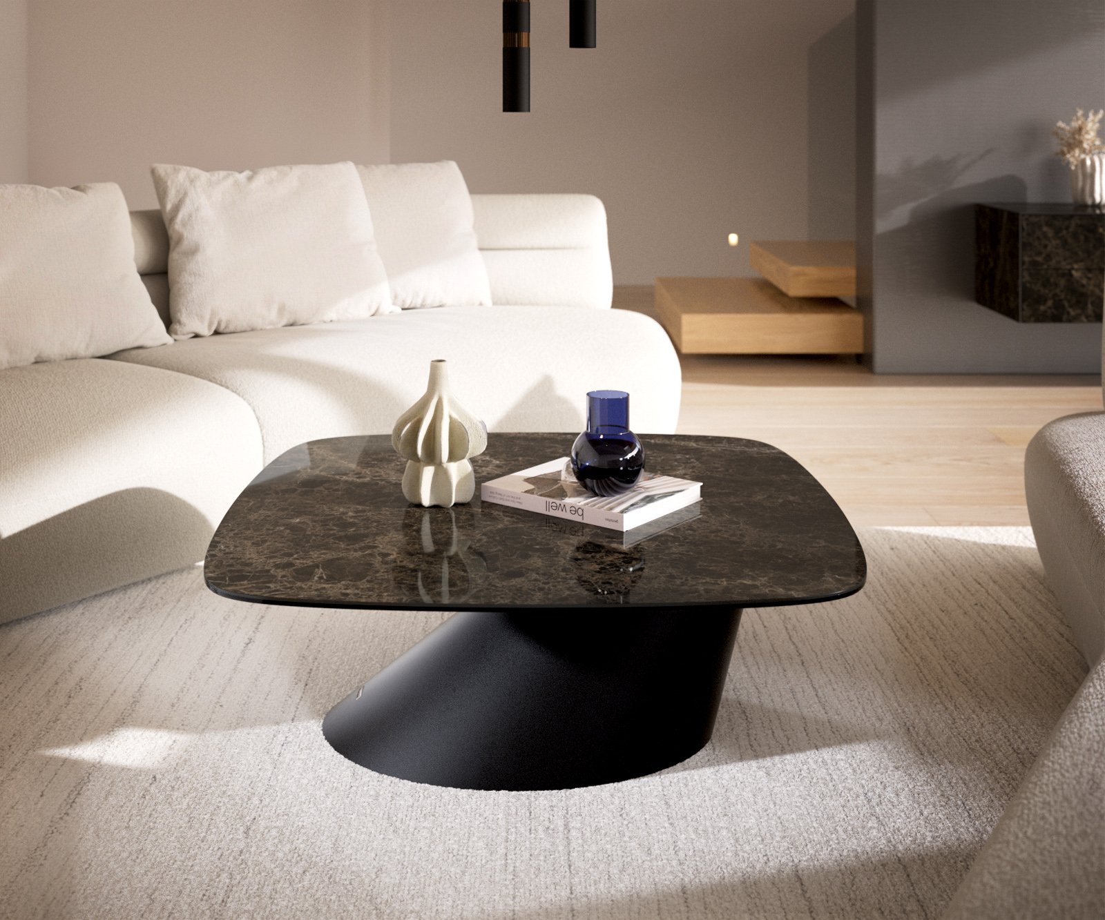 Konferenčný stolík Edge zaoblený tvar 90x90 cm keramika Laminam® Emperador Extra Lucidato tmavohnedá konická kov čierna - Image 2