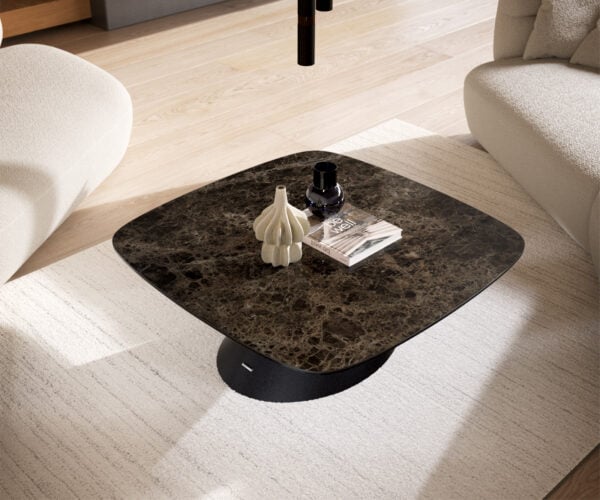 Konferenčný stolík Edge zaoblený tvar 90x90 cm keramika Laminam® Emperador Extra Lucidato tmavohnedá konická kov čierna - Image 4