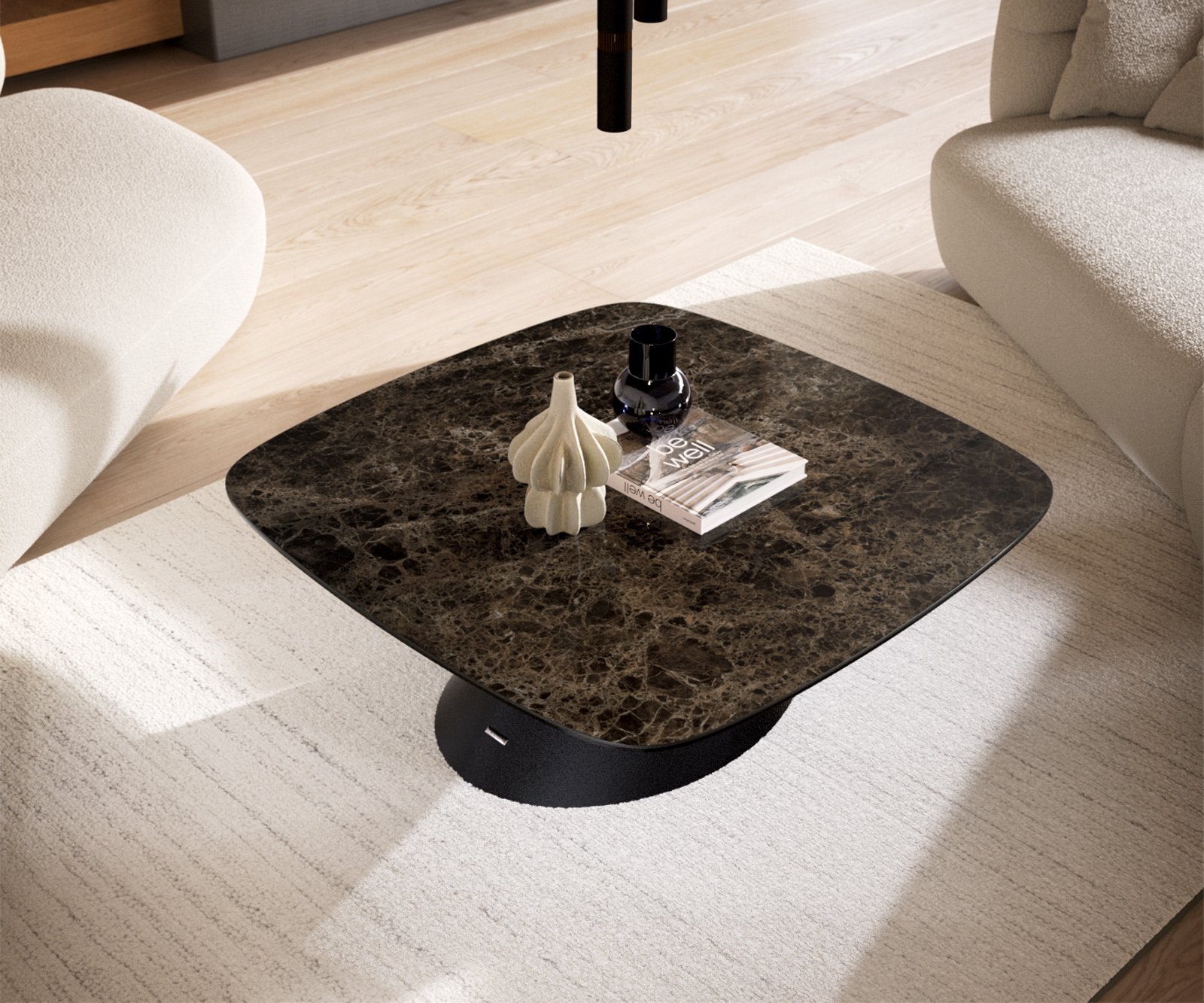 Konferenčný stolík Edge zaoblený tvar 90x90 cm keramika Laminam® Emperador Extra Lucidato tmavohnedá konická kov čierna - Image 4