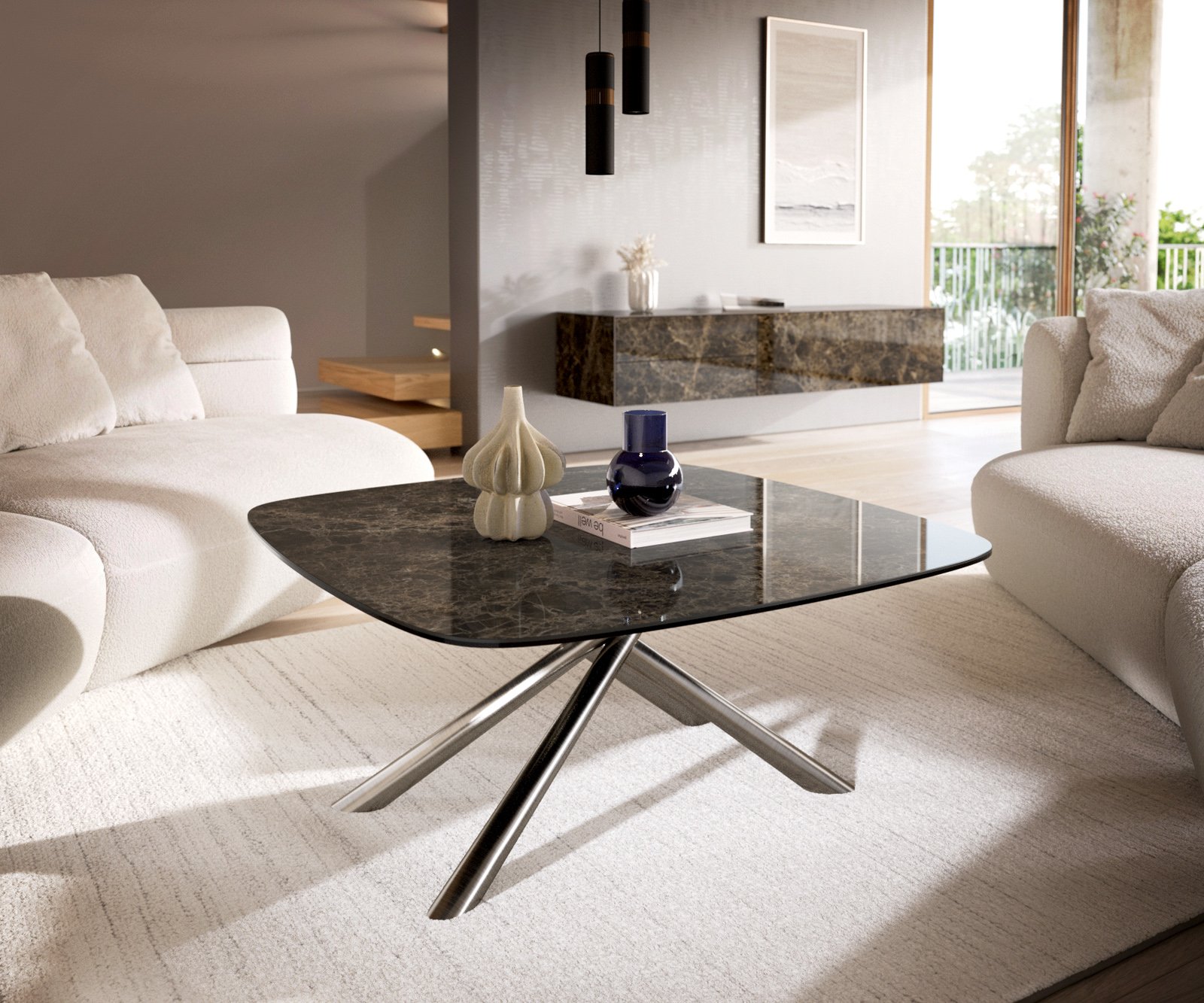 Konferenčný stolík Edge zaoblený 90x90 cm keramika Laminam® Emperador Extra Lucidato tmavohnedá Sarity nerezová oceľ kefovaná