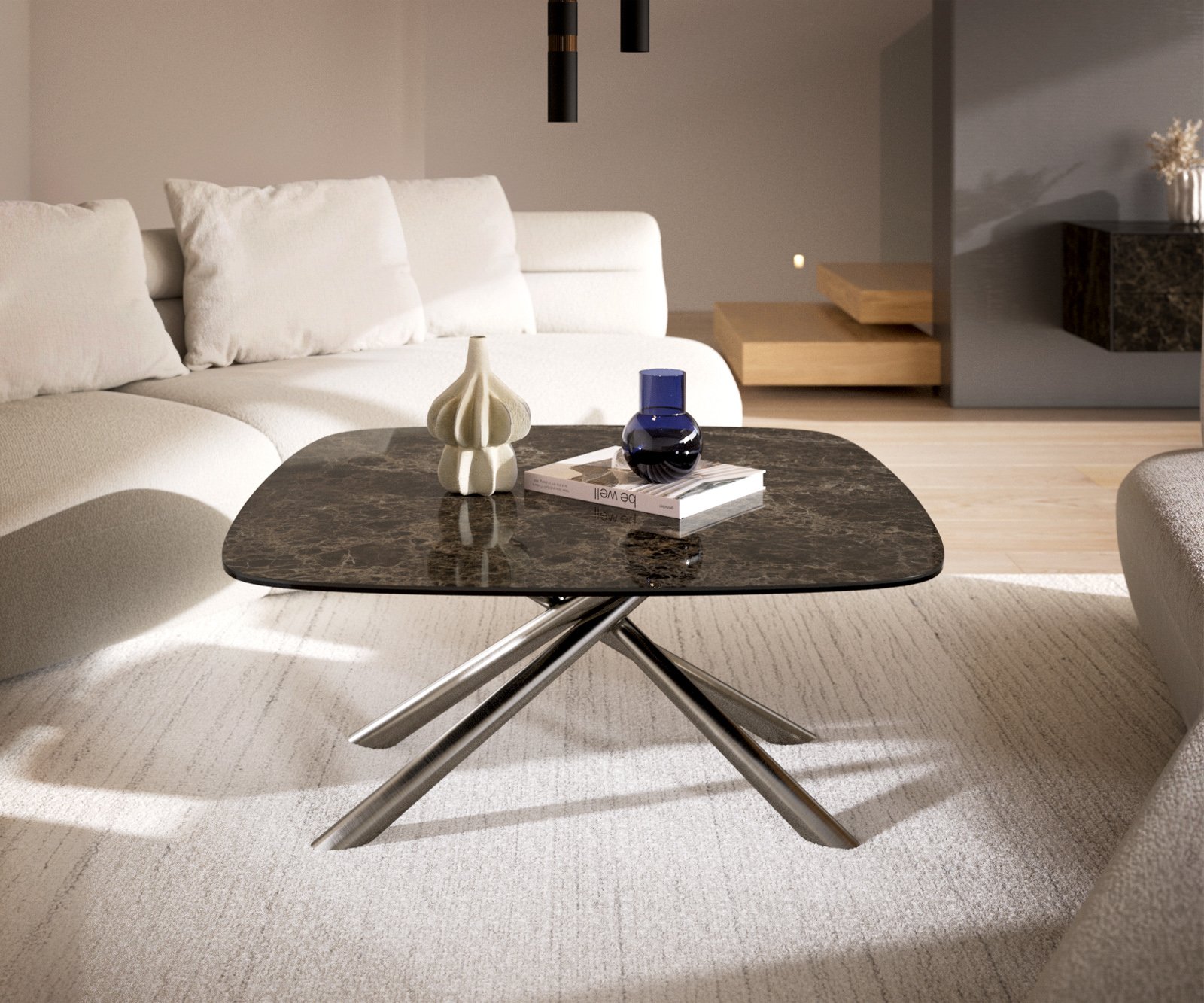 Konferenčný stolík Edge zaoblený 90x90 cm keramika Laminam® Emperador Extra Lucidato tmavohnedá Sarity nerezová oceľ kefovaná - Image 2