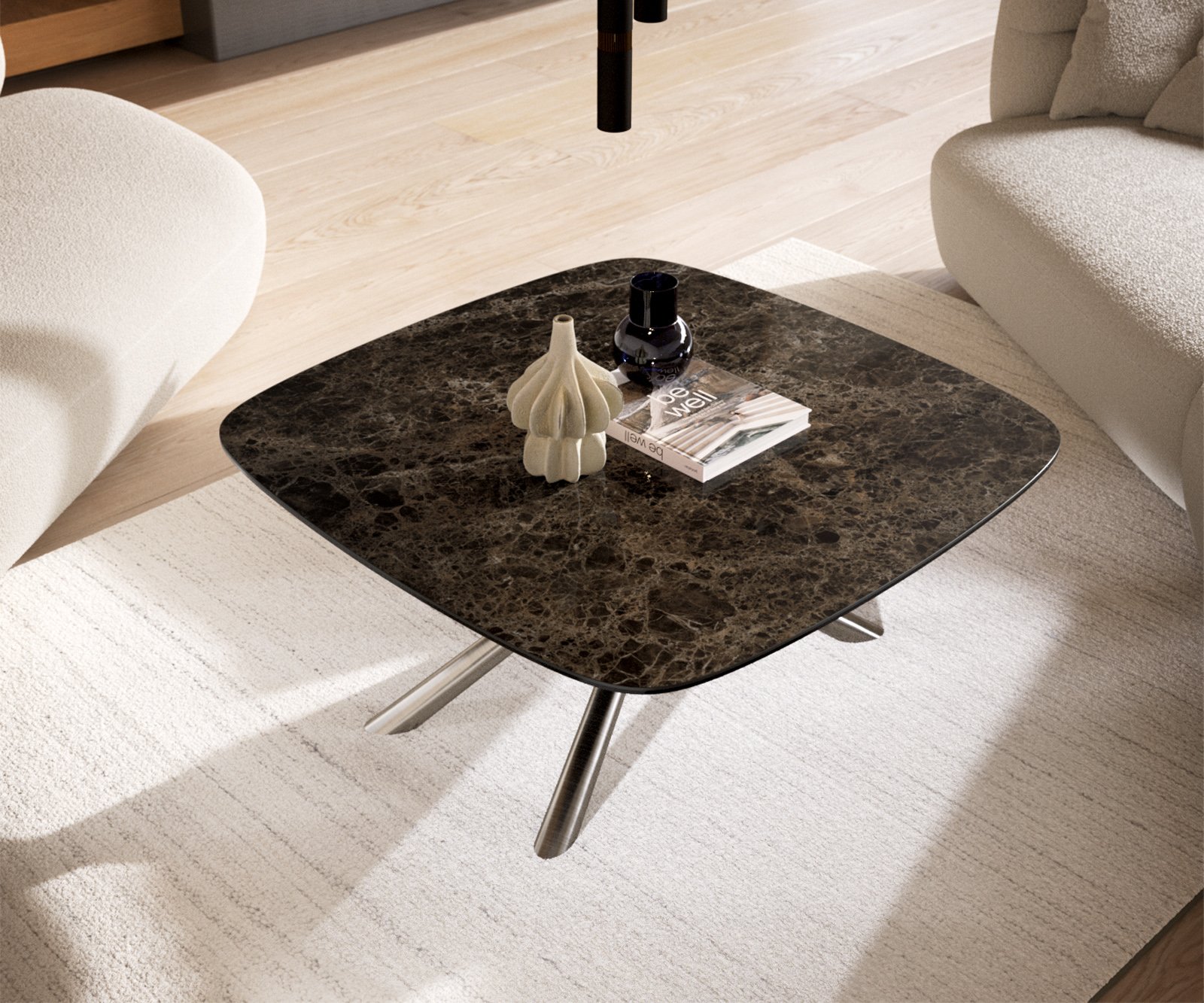 Konferenčný stolík Edge zaoblený 90x90 cm keramika Laminam® Emperador Extra Lucidato tmavohnedá Sarity nerezová oceľ kefovaná - Image 4