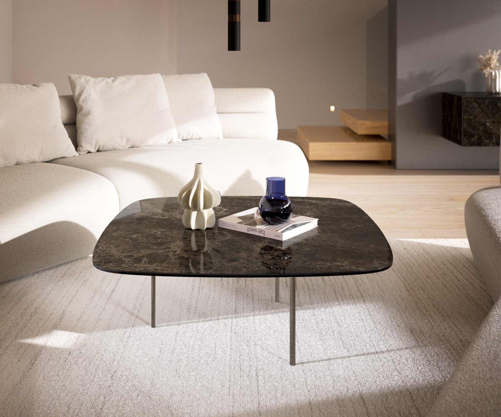 Konferenčný stolík Edge zaoblený tvar 90x90 cm keramika Laminam® Emperador Extra Lucidato tmavohnedá Trive nerezová oceľ kefovaná - Image 2