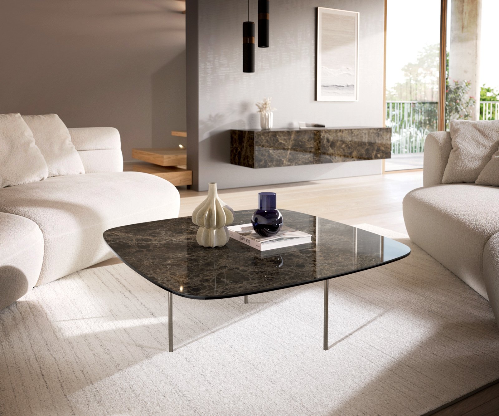 Konferenčný stolík Edge zaoblený tvar 90x90 cm keramika Laminam® Emperador Extra Lucidato tmavohnedá Trive nerezová oceľ kefovaná