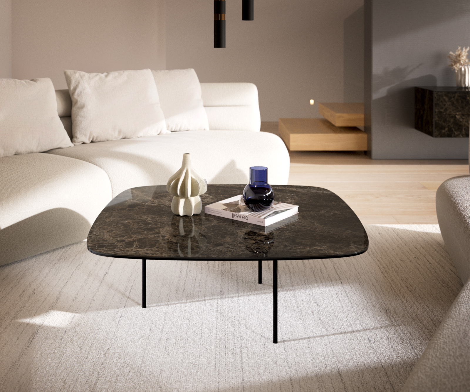 Konferenčný stolík Edge zaoblený 90x90 cm keramika Laminam® Emperador Extra Lucidato tmavohnedá Trive kov čierna - Image 2