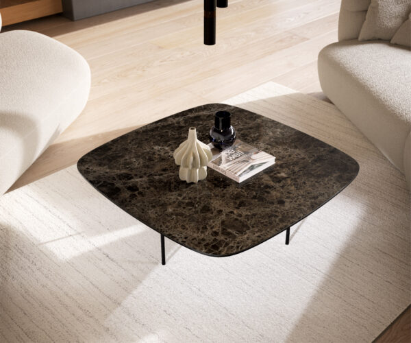 Konferenčný stolík Edge zaoblený 90x90 cm keramika Laminam® Emperador Extra Lucidato tmavohnedá Trive kov čierna - Image 4