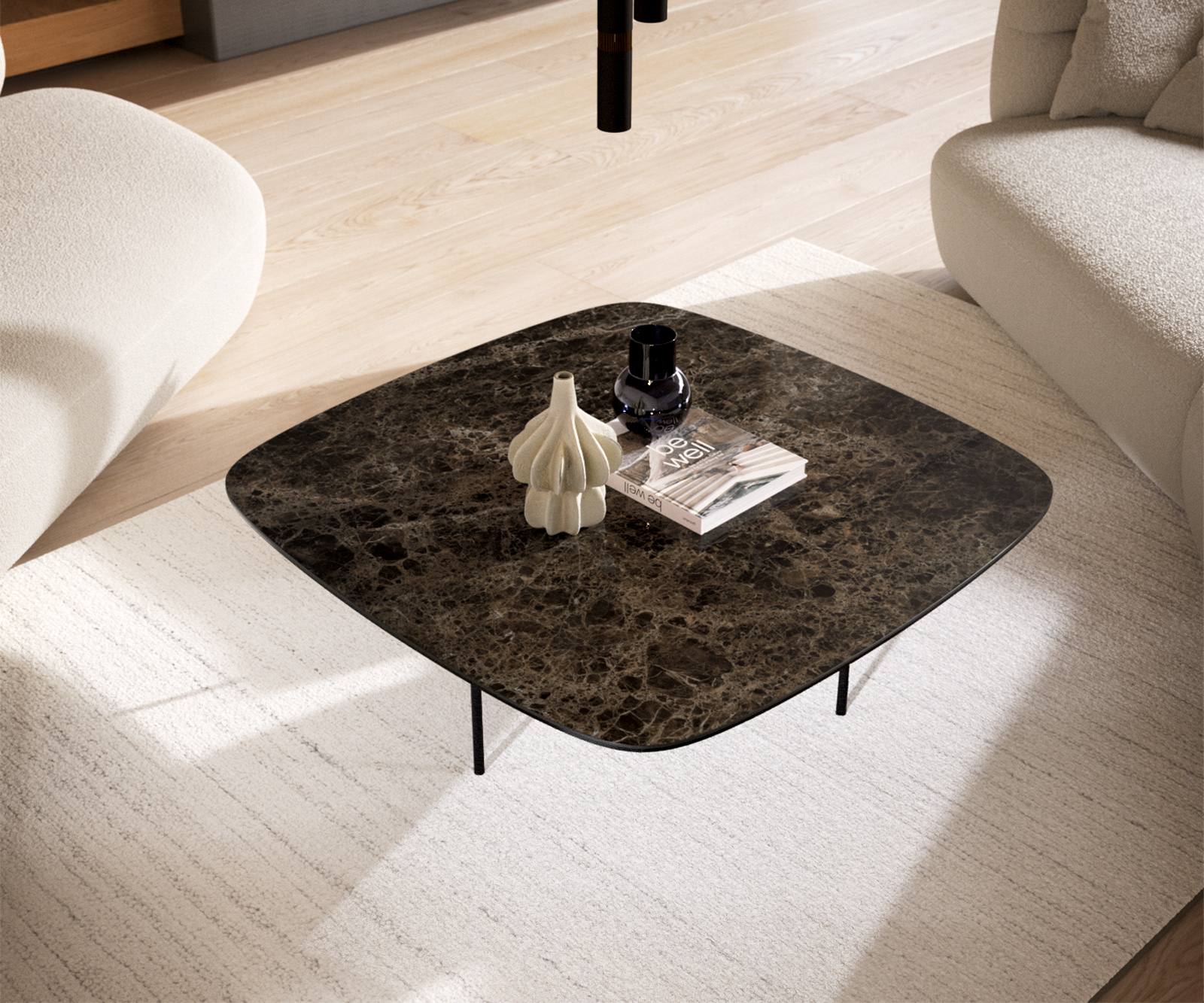 Konferenčný stolík Edge zaoblený 90x90 cm keramika Laminam® Emperador Extra Lucidato tmavohnedá Trive kov čierna - Image 4