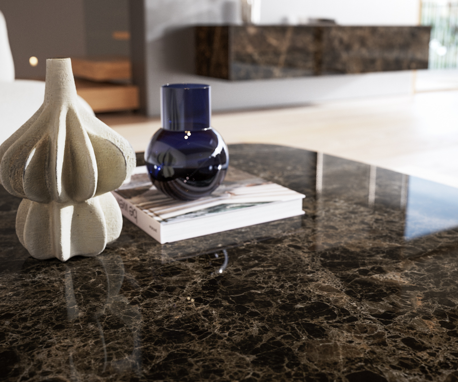 Konferenčný stolík Edge zaoblený 90x90 cm keramika Laminam® Emperador Extra Lucidato tmavohnedá Trive kov čierna - Image 7