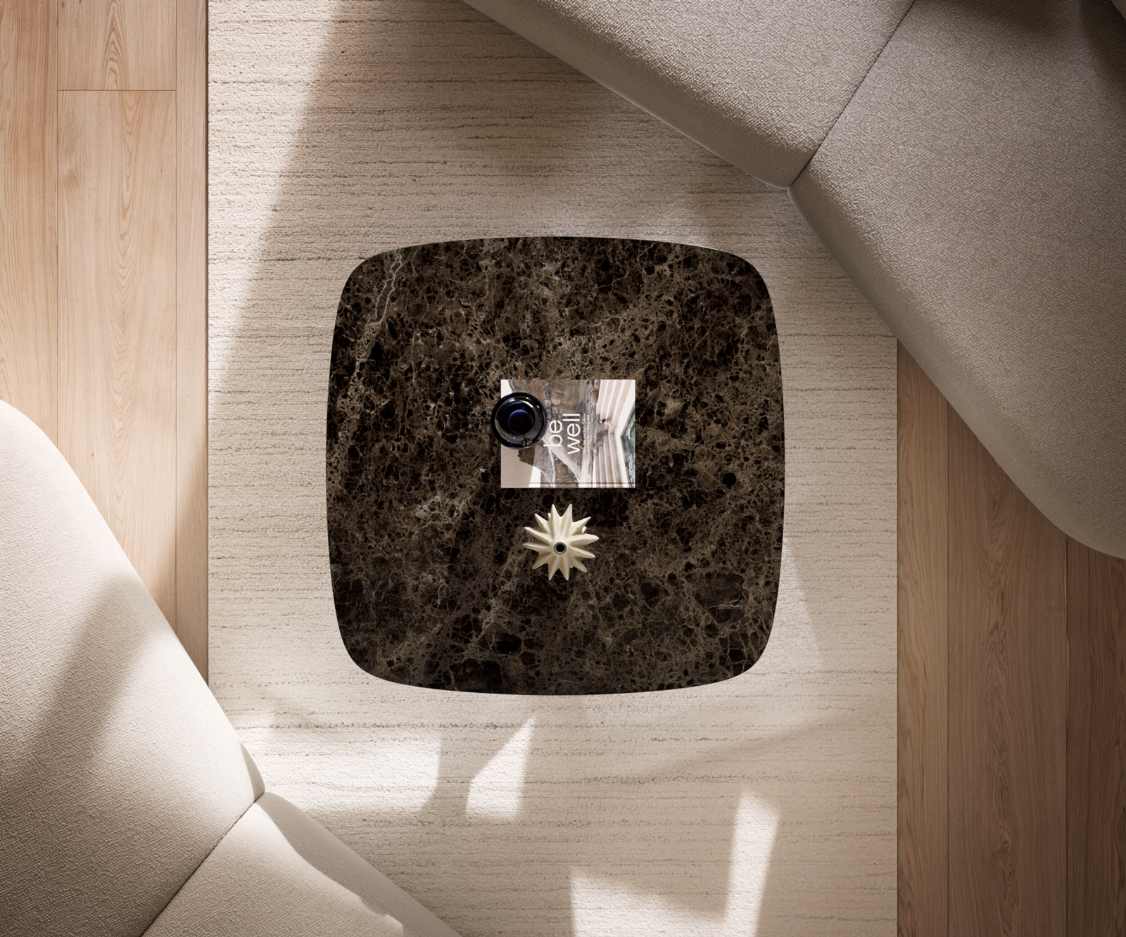 Konferenčný stolík Edge zaoblený 90x90 cm keramika Laminam® Emperador Extra Lucidato tmavohnedá Trive kov čierna - Image 6