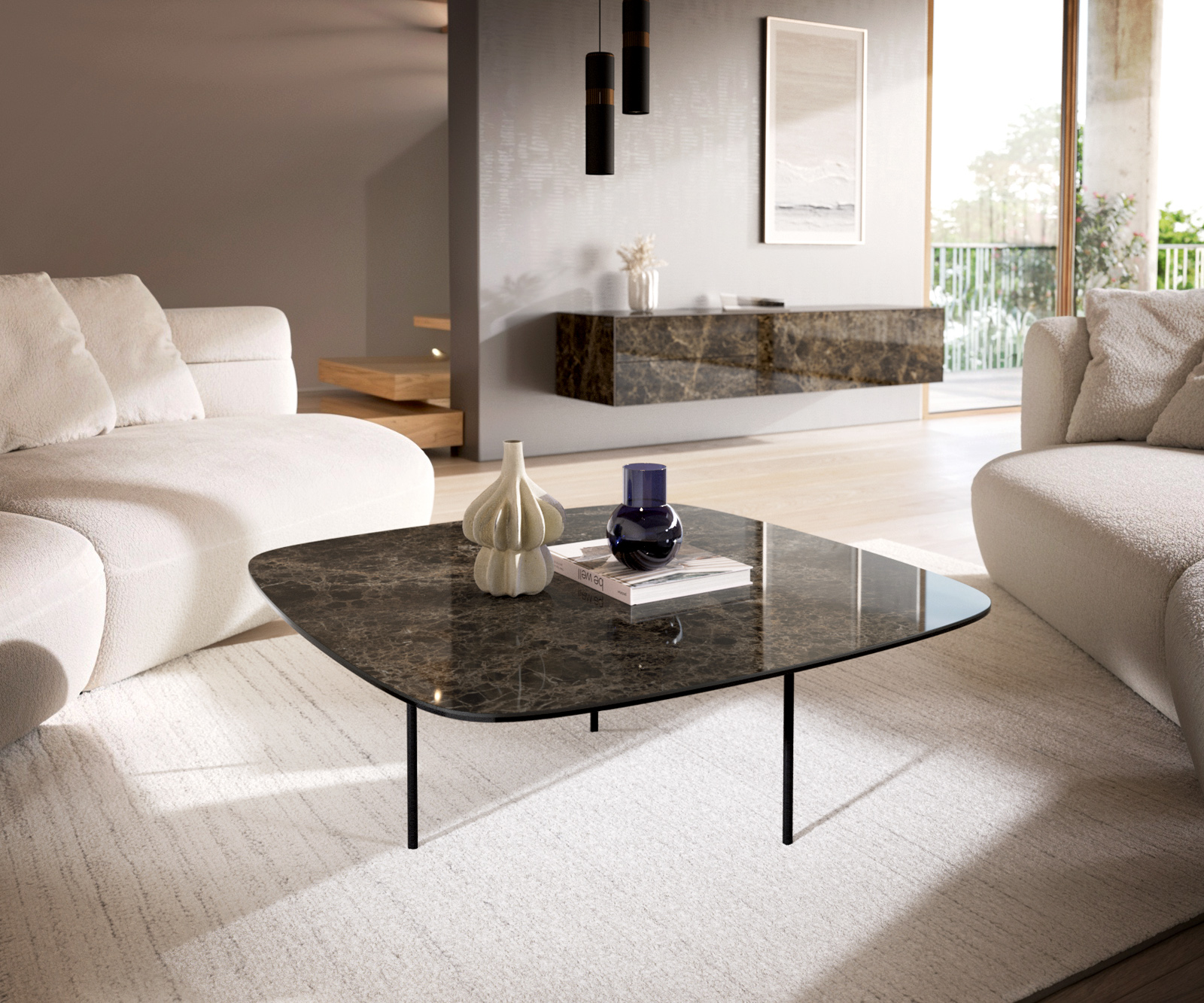Konferenčný stolík Edge zaoblený 90x90 cm keramika Laminam® Emperador Extra Lucidato tmavohnedá Trive kov čierna