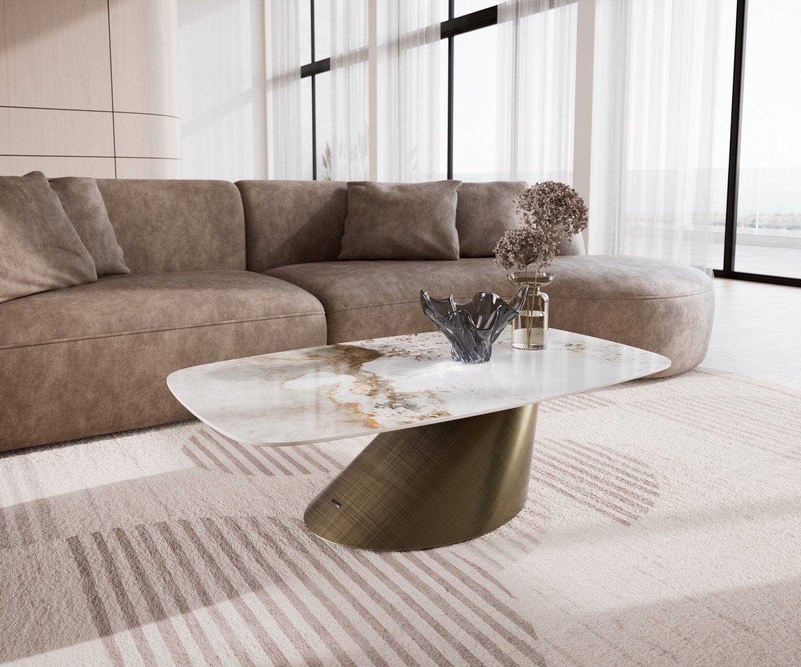 Konferenčný stolík Edge zaoblený tvar 120x70 cm keramika Minas Melange Conis metalická zlatá